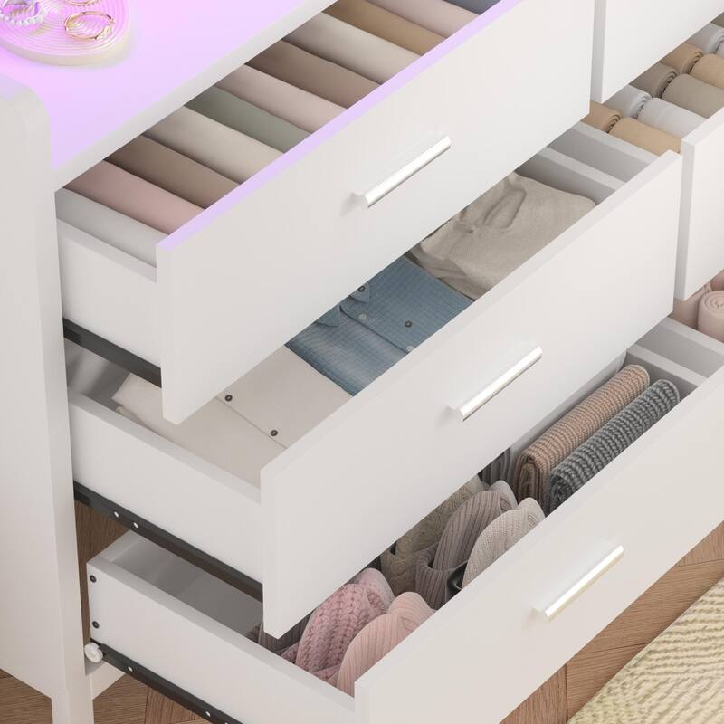 6 Drawers Dresser with Charge Station and LED Light, Closet Organizer for Bedroom