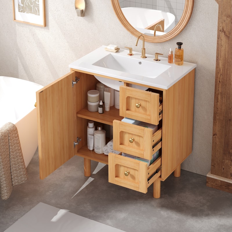 GDFStudio - Clayborne Farmhouse Bathroom Vanity with Ceramic Sink, 3 Storage Drawers & 1 Large Soft Closing Door - 30'W