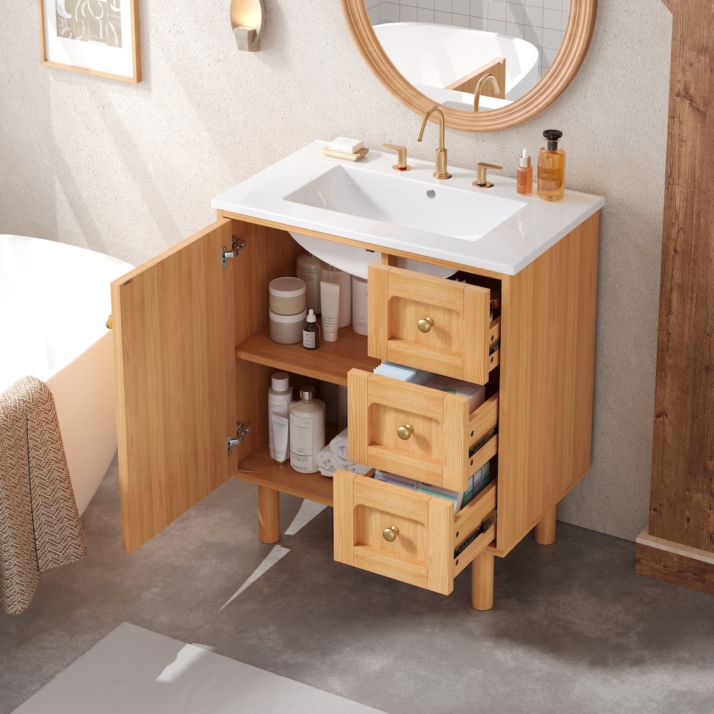 Roomfitters 30 Inch Bathroom Vanity with Ceramic Sink, Farmhouse Storage Cabinet with 3 Sliding Bins & Soft Close Door, Natural