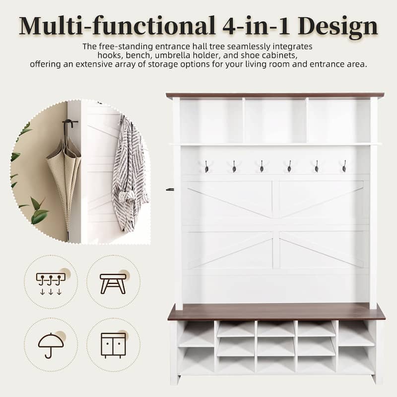 Farmhouse 4-in-1 Hall Tree with 6 Hooks, Walnut Entryway Bench with Adjustable Shelves & 16 Open Compartments