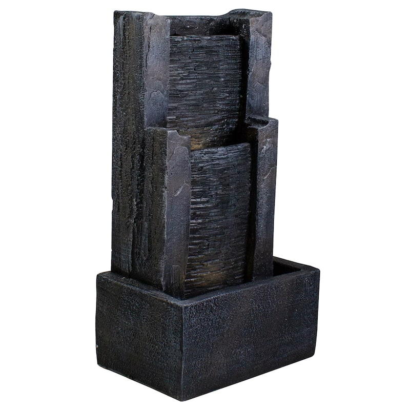 23.5" Black and Gray Modern Lighted Three-tier Outdoor Garden Water Fountain