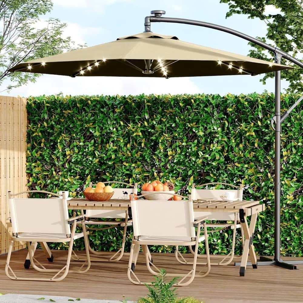 10FT Patio Outdoor Offset Umbrella with Lights for Deck Poolside Lawn Backyard