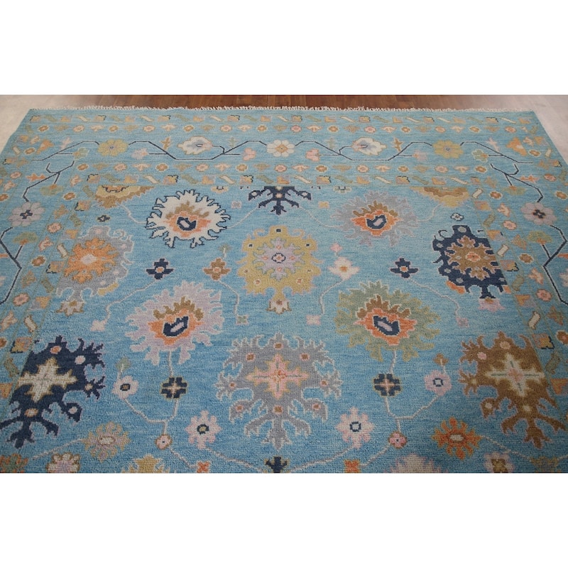 All-Over Blue Floral Oushak Indian Area Rug Handmade Wool Carpet - 8'9"x 12'0"