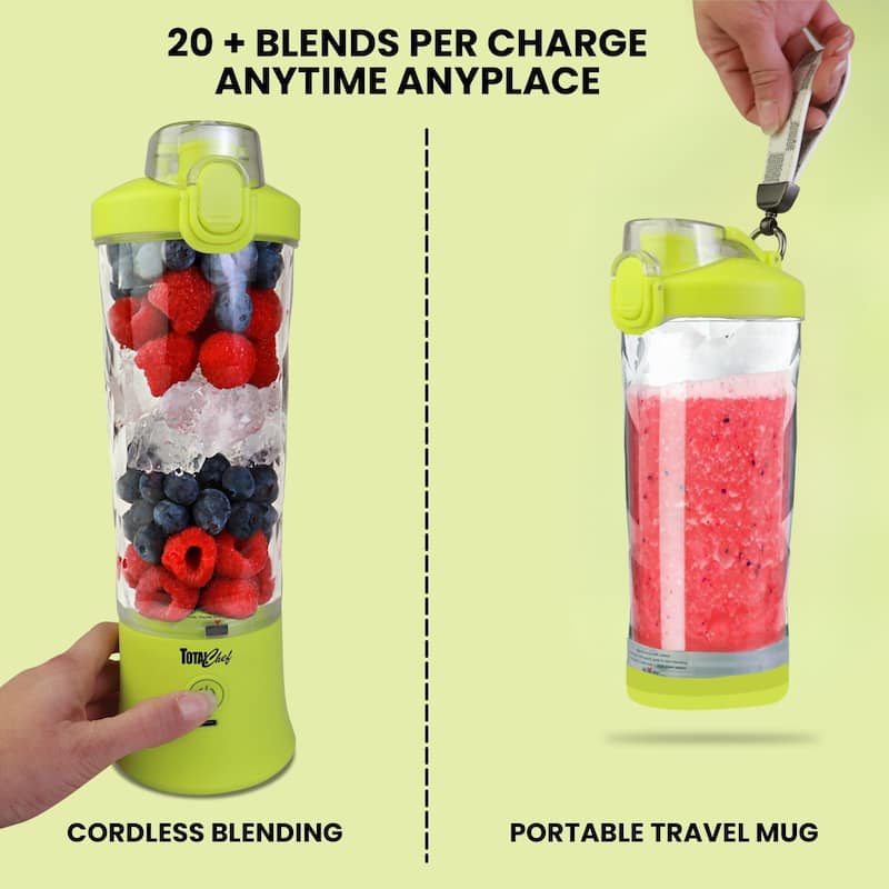 Total Chef Cordless Portable Blender, 20 oz (600 mL) Personal Blender, USB Rechargeable, Neon Green
