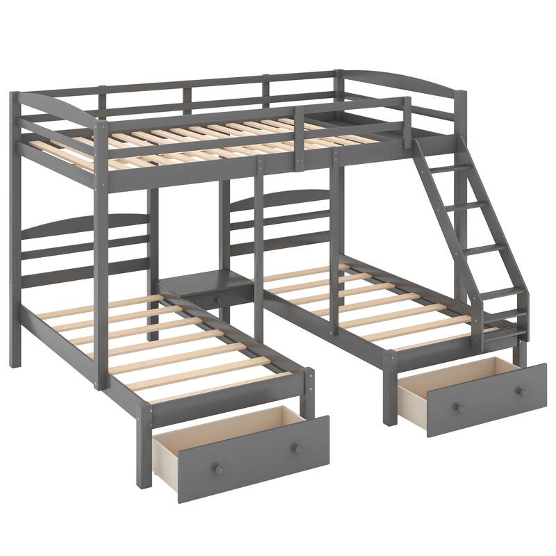 Space-Saving Triple Bunk Bed with Drawers, Full Over Twin & Twin, Gray