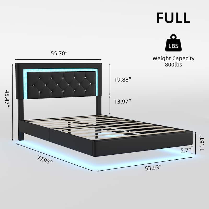 Floating Upholstered Bed Frame with LED Lights, Diamond Tufted Headboard, PU Leather Platform Bed, No Box Spring Needed