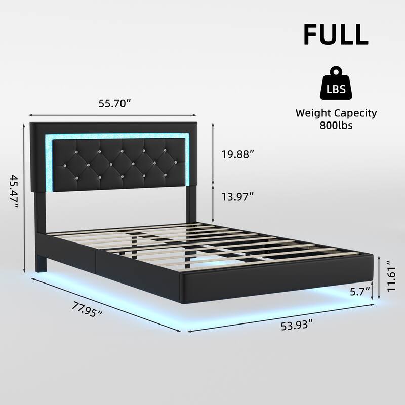 Full Size Bed Frame with Headboard, Floating Bed Frame with LED Lights, Upholstered Platform Bed with Diamond Tufted Headboard