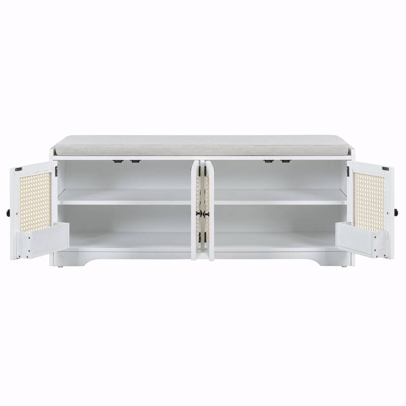 Rustic Storage Bench with Removable Cushion, Woven Rattan Doors & Adjustable Shelves