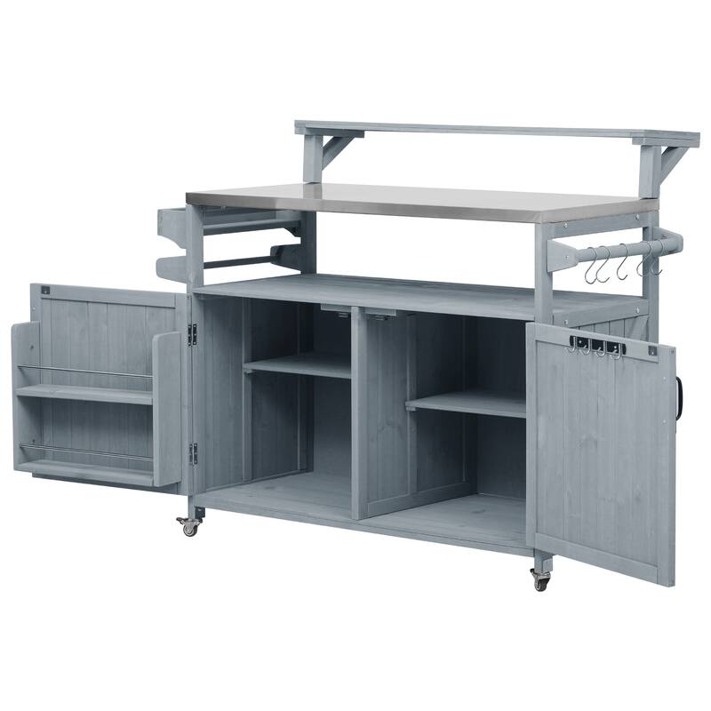 Anmytek Outdoor Kitchen Island Farmhouse BBQ Grill Station Stainless Steel Top Patio Prep Cart with Storage