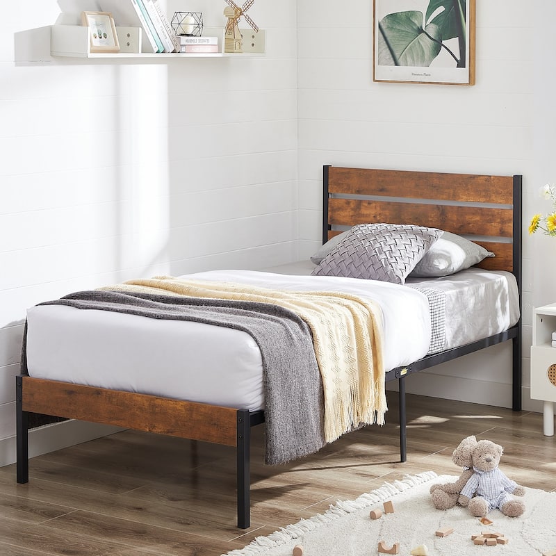VECELO Industrial Wood Bed Frame with Headboard, Twin Size Beds/Full Size Beds/Queen Size Beds