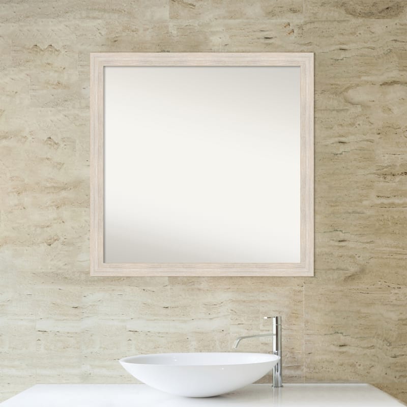Non-Beveled Wood Bathroom Wall Mirror - Hardwood Whitewash Narrow Frame