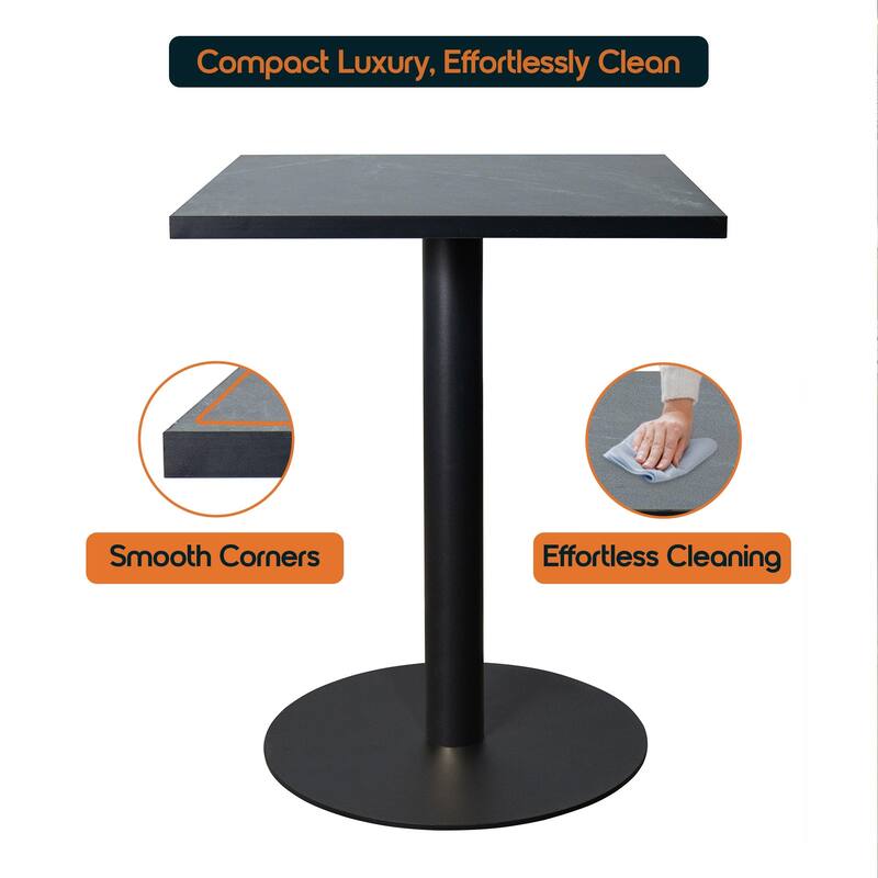 Vail Square Dining Table with 24 in. MDF Tabletop in Black Stainless Steel Round Pedestal Base Accent Kitchen Table