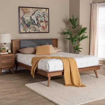 Delfina Mid-Century Modern Dark Grey Fabric and Walnut Brown Finished Wood Platform Bed
