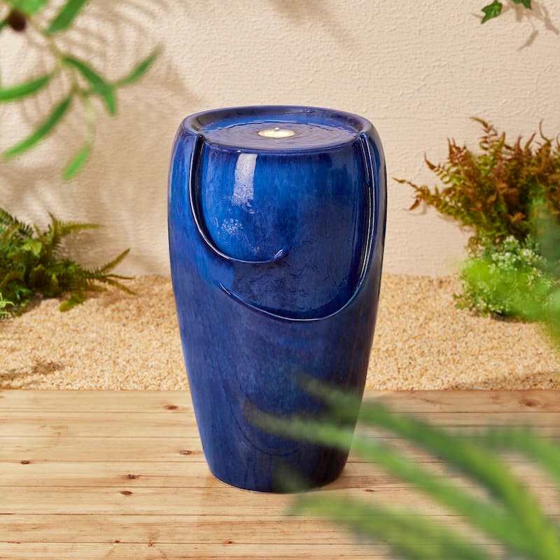 Demta 21-inch Ceramic Pot Fountain with Pum LED Light by Havenside Home - Blue
