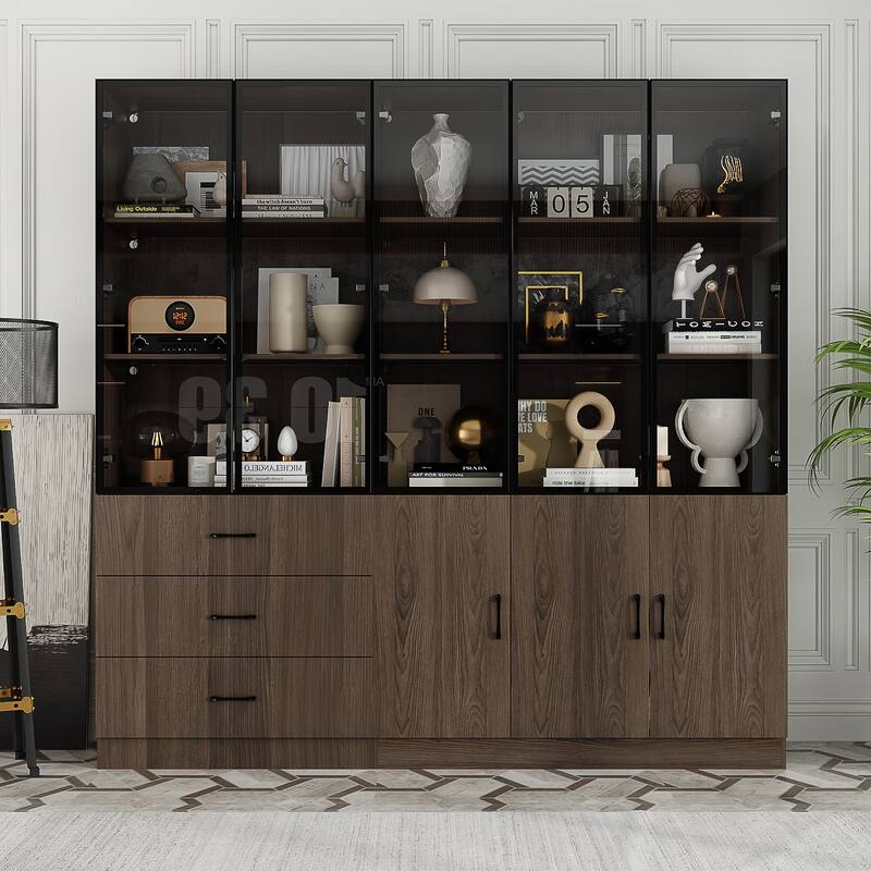 LED-Lit Wood Grain Cabinet - Configurable Storage for Home or Office