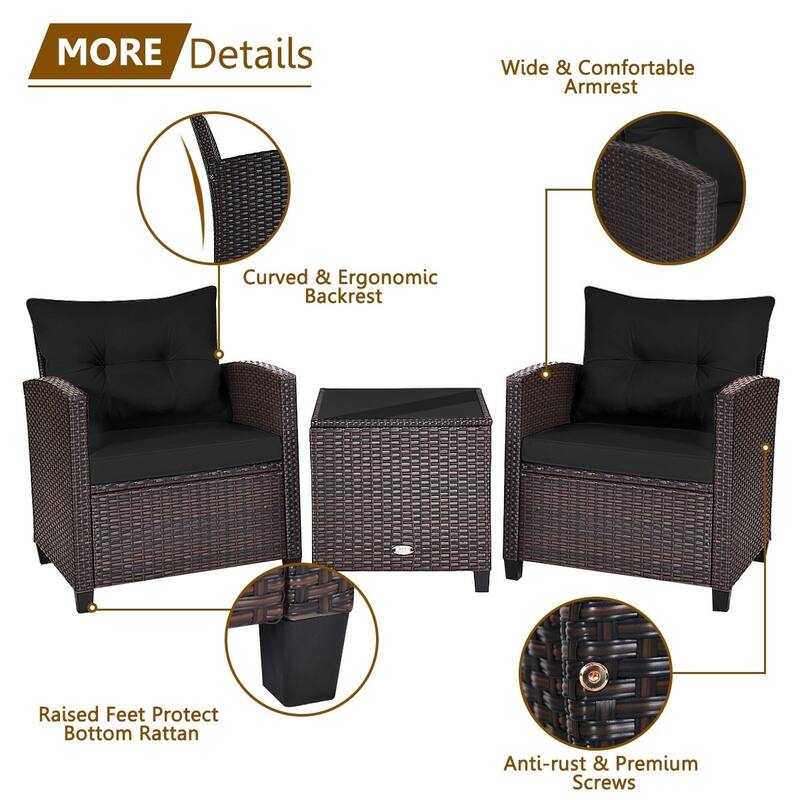 3 Pieces Rattan Patio Furniture Set with Washable Cushion - Chair: 26.5" x 26.5" x 30"