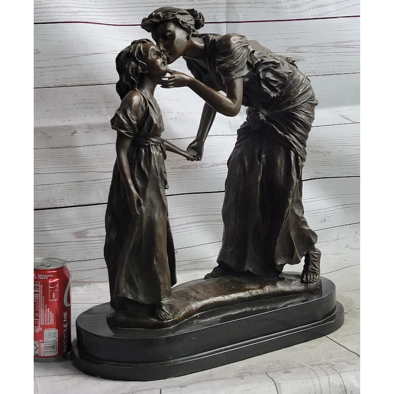 Mother Kissing Child Daughter Bronze Sculpture Statue Family Decor Signed Original Art