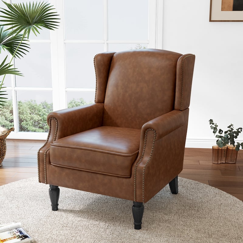 Mid-Century Modern Linen/ Vegan Leather Wing Back Accent Chair