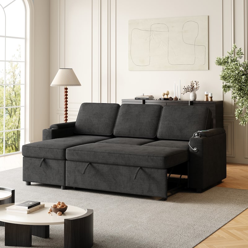 85.8" Sleeper Sectional Sofa with Storage Chaise, Armrest, Charging Port