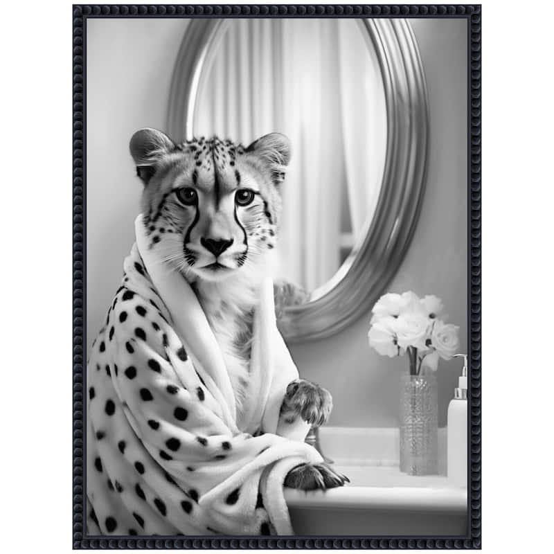 Kate and Laurel Sylvie Cheetah Glam Bathroom Towel Robe Black and White Framed Canvas by The Creative Bunch Studio