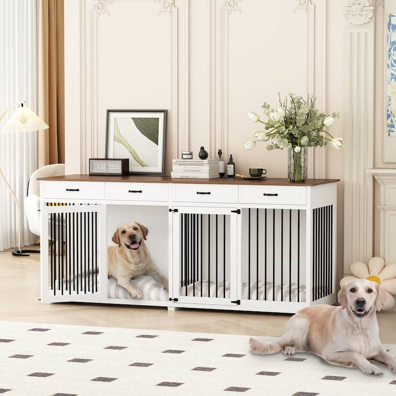 86.6"Wooden Dog Crate Kennel with 4 Drawers,Double Dog Crate Furniture