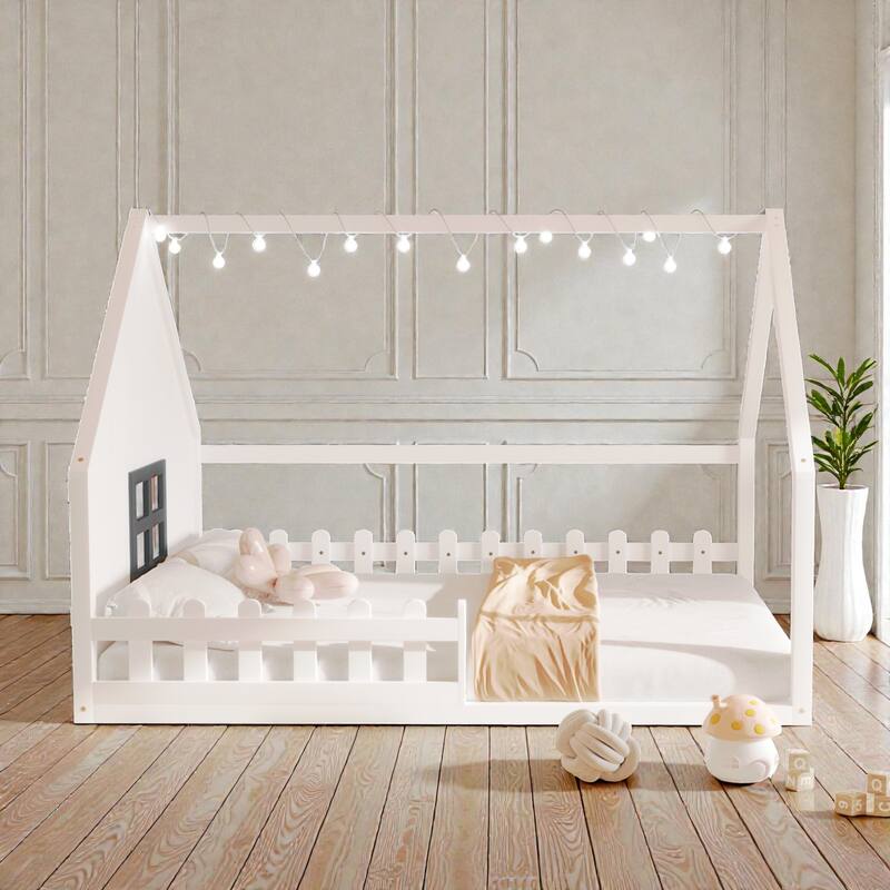 Full Size Wood House Bed with Window, Fence and LED Lights, Rustic Kids Floor Bed Frame - White - Full