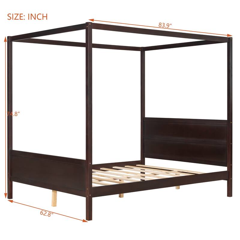 Queen Size Platform Canopy Bed, 4 Poster Solid Wood Bed Frame with Headboard, Footboard, Slat Support Leg and Underbed Storage