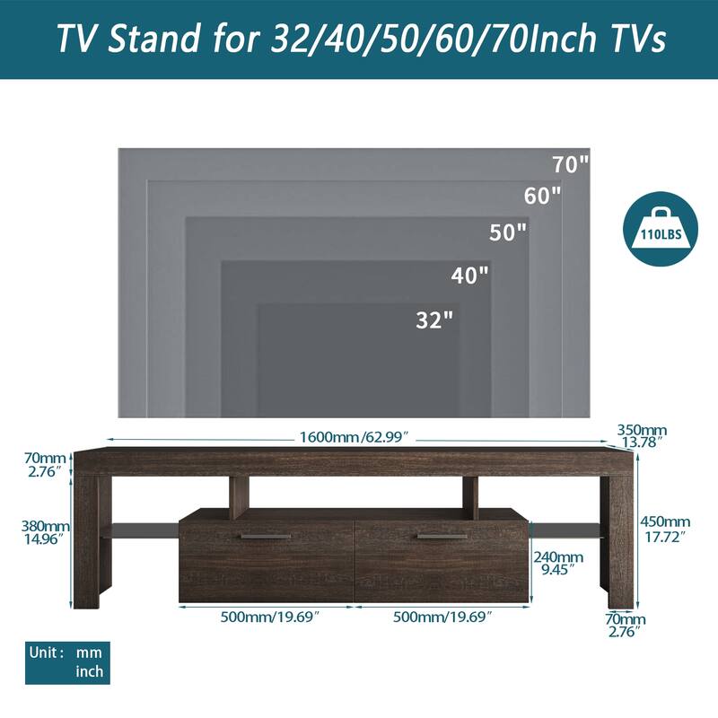 TV Stand with 3 Open Shelves, LED Color Changing Lights, Toughened Glass Shelf Floor Cabinet Floor TV Wall Cabinet