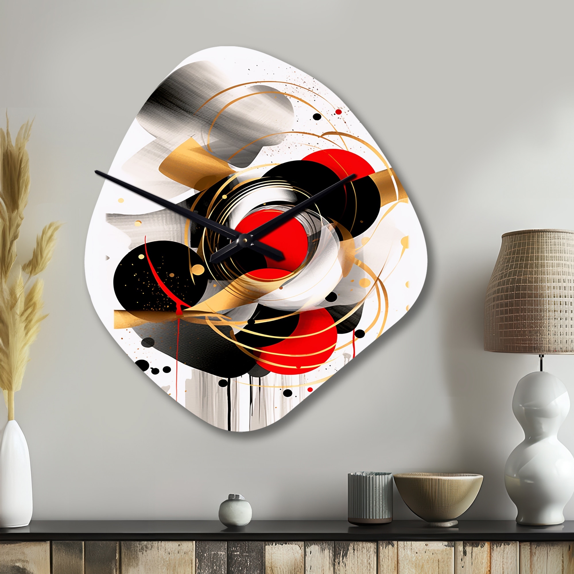 Red and Black Abstract Symphony IV - Abstract Wall Clock in Asymmetrical Nebula Shape - Modern Decorative Wall Clock