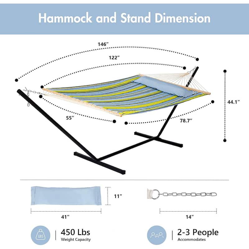 Outdoor Portable Double Hammock with Stand&Pillow Max 475 lbs Capacity