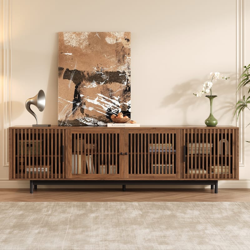 Slatted Door Design TV Cabinet TV Stand for TVs up to 85", Solid Wood Legs, Walnut