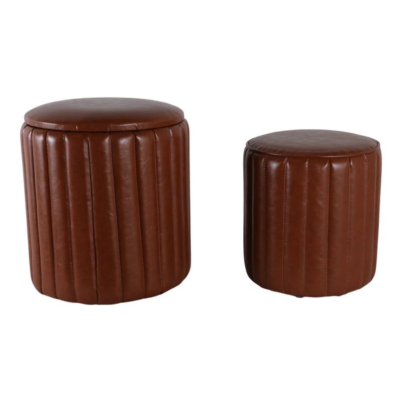 Leather and Pine Wood Ottoman Modern Storage (Set of 2) - 14/18" Brown