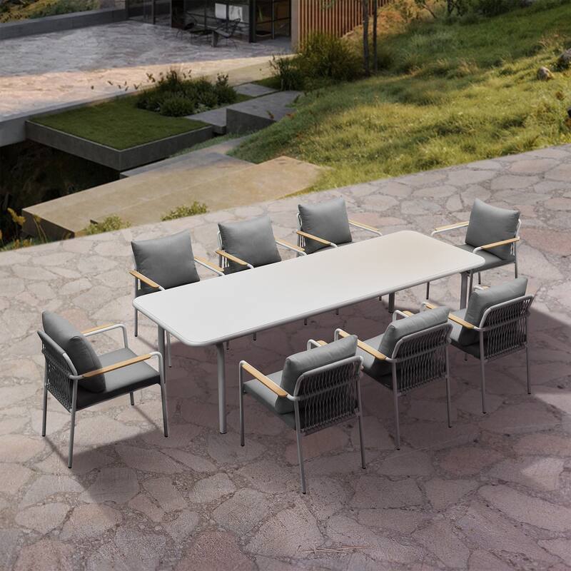 HIGOLD Patio 9-Piece Outdoor Dining Set, Aluminum Frame and Teak Armrest Cushioned Chairs