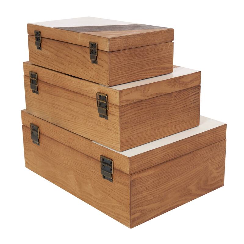 Brown Wooden Geometric Decorative Box with Cream and Dark Brown Stripes (Set of 3)