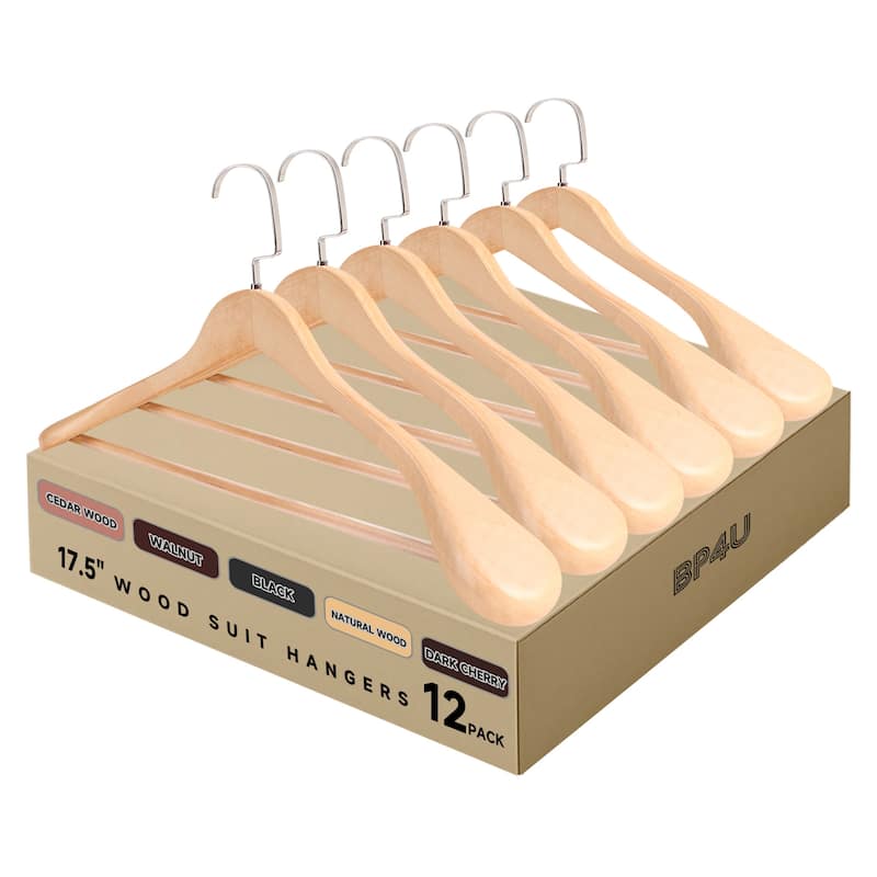 BP4U Premium Wide Shoulder Wooden Suit Hangers, 17.5-Inch Heavy-Duty Solid Wood Coat Hangers for Men's Clothes - 12-Pack - Natural Wood