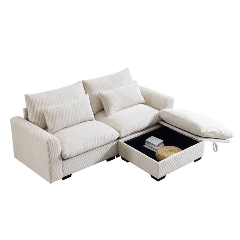 Multifunctional Loveseat Set with Storage Ottoman, Modern Sectional Sofa Corduroy Upholstered Couch with Pillows