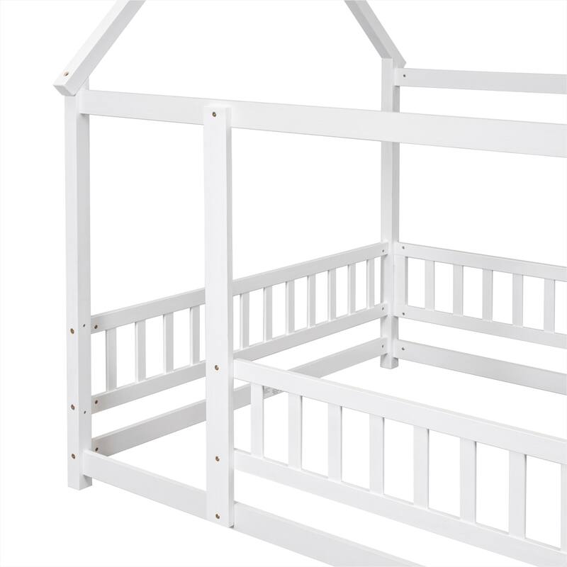 Floor Wooden Bed with House Roof Frame, Fence Guardrails