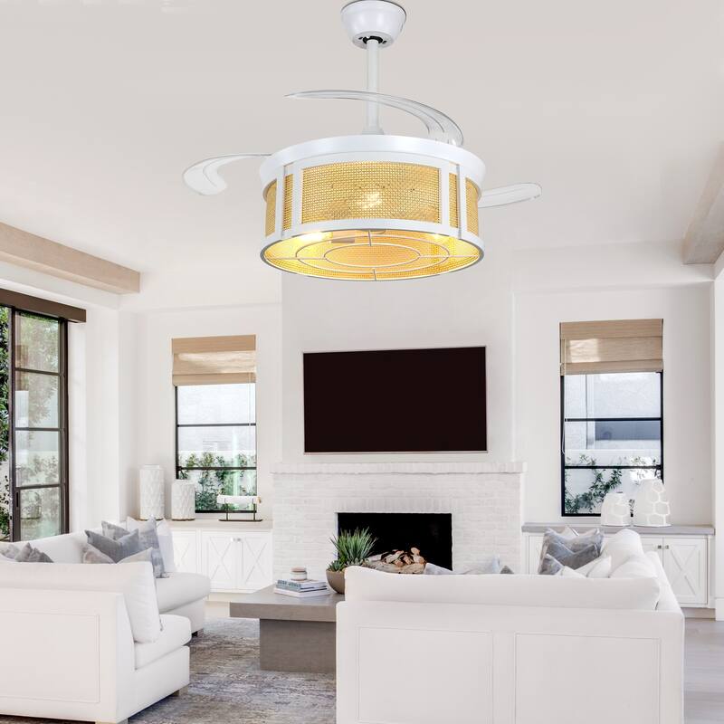 Cusp Barn 42'' Retractable Ceiling Fan with Lights and Remote, Boho Rattan Fandelier, Farmhouse Caged Chandelier Ceiling Fan