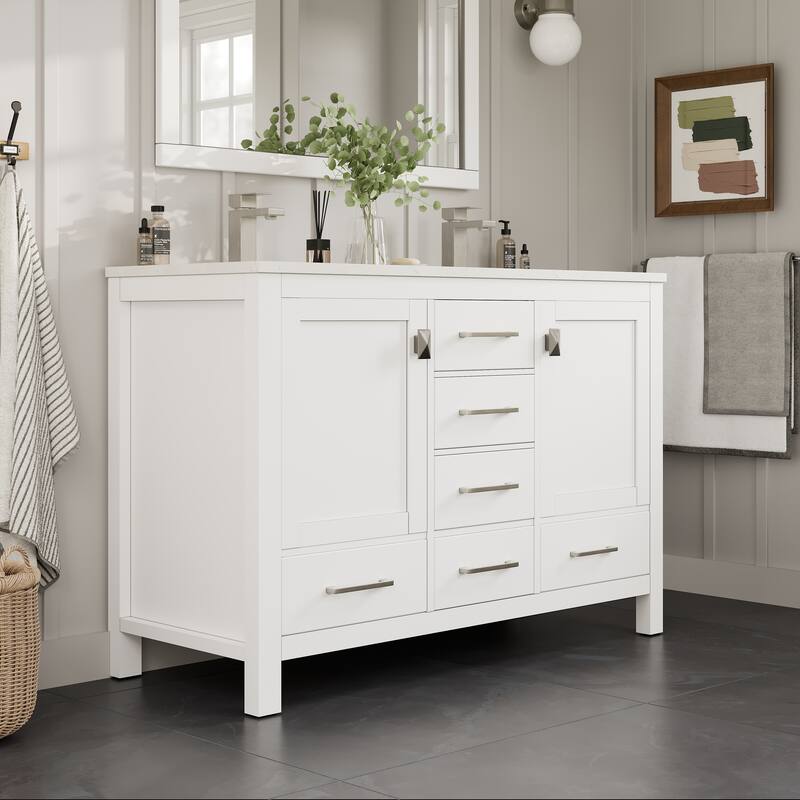 Eviva London 54"W x 18"D White Double Sink Bathroom Vanity with White Carrara Quartz Vanity Top