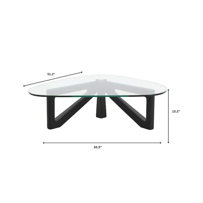 36" Triangular Mid Century Modern Accent Center Coffee Table with Glass Top and Wood Base for Living Room