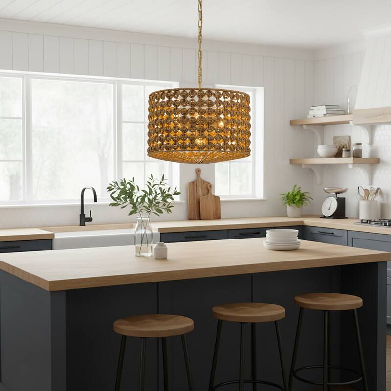 Koyo 4-Light Rattan Drum Pendant, Coastal Boho - Handwoven