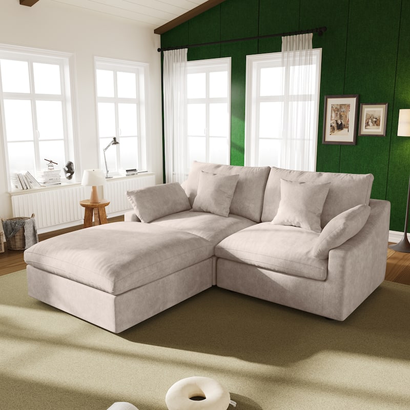 82.68'' Down Filled Sectional Couch L-shape Linen Upholstered Loveseat with Ottoman - Khaki