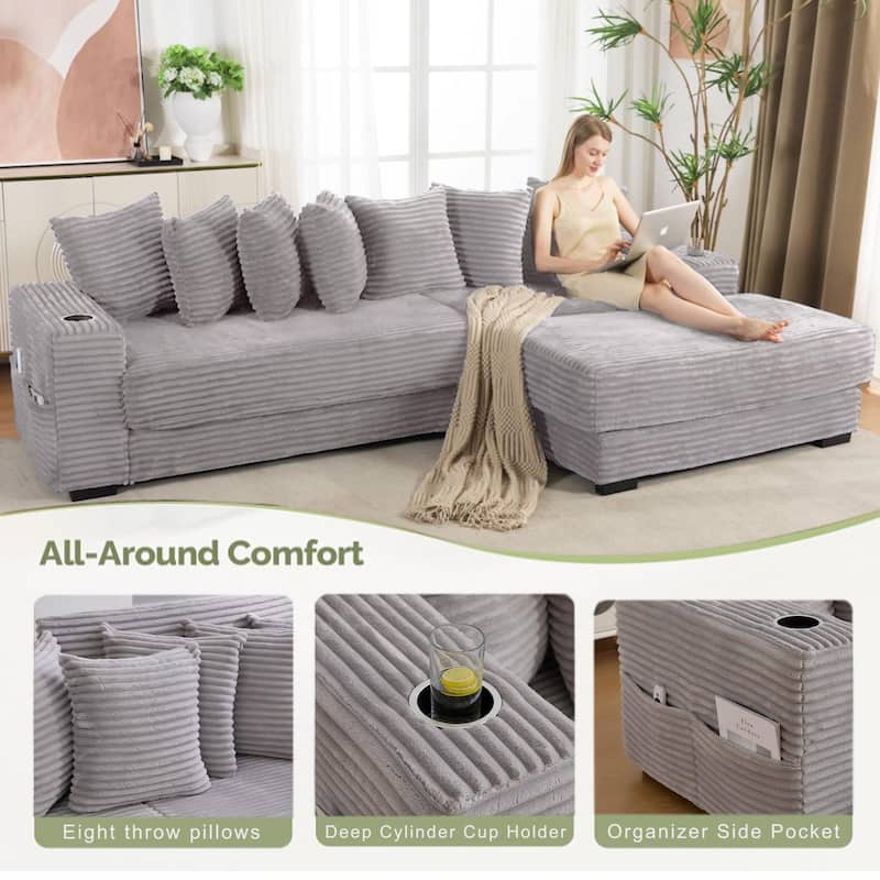 110.75" Corduroy Sectional Sofa, Convertible Sleeper Sofa Bed L-Shaped Upholstered Couch with Removable Footstool, Cup Holder