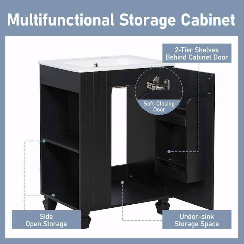 24" Bathroom Vanity with Sink, Bathroom Cabinet with Door Shelf, Side Open Storage, Solid Wood Frame