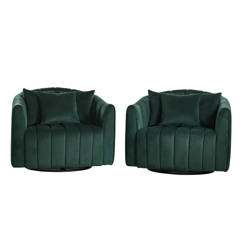 40.35"W Velvet 360° Swivel Barrel Accent Chair with 3 Pillows, Channel Tufted Pumpkin-Shaped Club Armchair for Office, Lounge