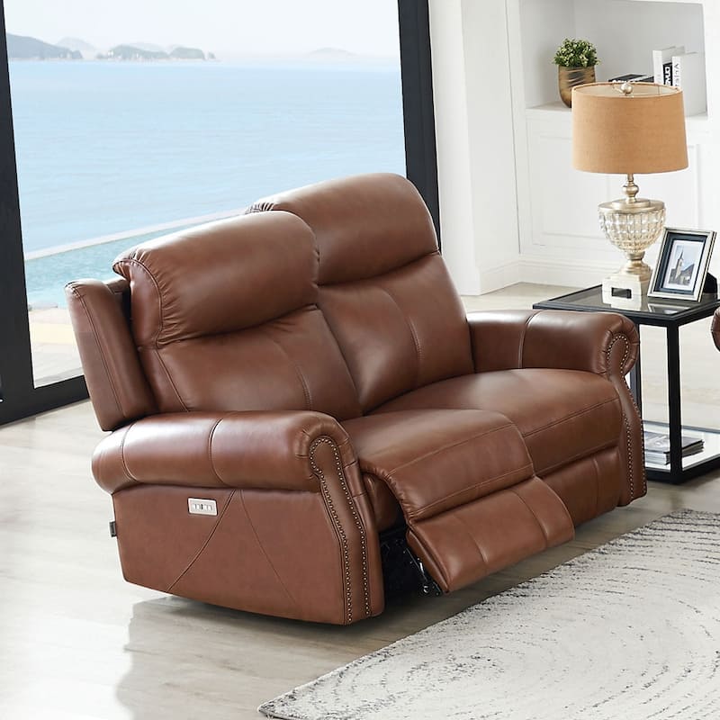 Hydeline Royce Zero Gravity Power Recline and Headrest Top Grain Leather Loveseat - Pecan Brown