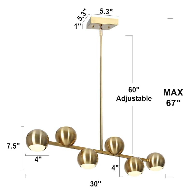 Modern 6-Light Gold LED Chandelier Metal Linear Island Lights for Dining Room