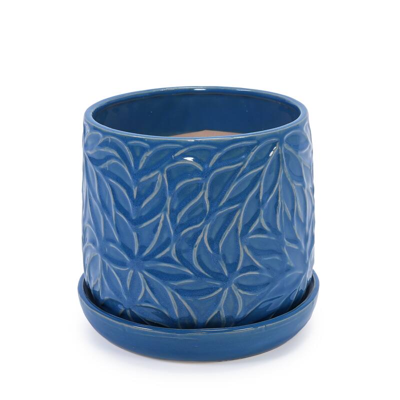 Set of 2 Handmade Modern Embossed Leaf Ceramic Planters with Saucers