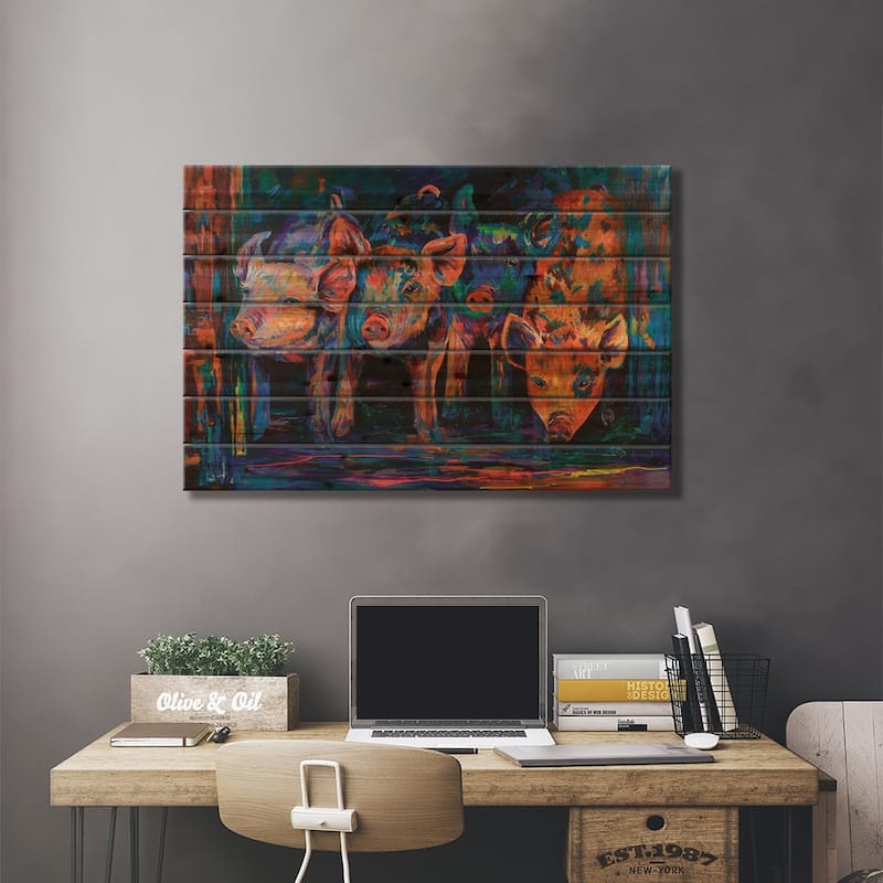 Four Little Pigs Print On Wood by Lindsey Dahl - Multi-Color