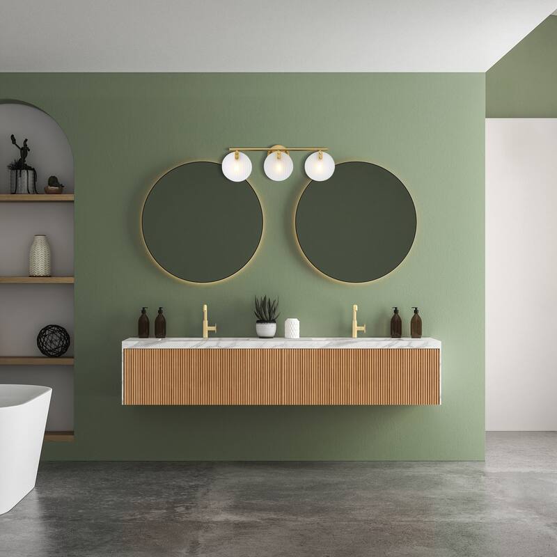 Sky Fall 25 in. 3-Light Brushed Gold Vanity Light with Etched Fluted Glass Shades for Bathrooms